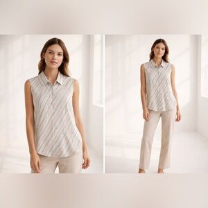 GAP Vintage Y2K 90s Blue White Diagonal Striped Linen Sleeveless Top Vacation, M